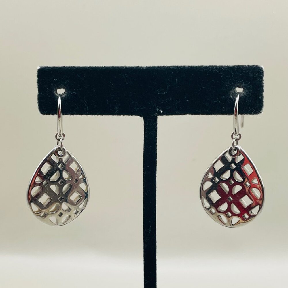 Vintage Fossil Steel Silver Tone Filigree Dangle Drop Statement Earrings